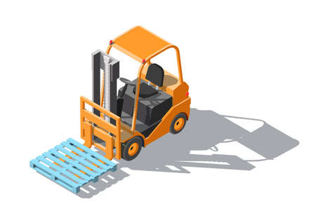 Isometric Forklift truck with pallet isolated on white background. Fork loader, logistics company, warehouse. 3D Cargo delivery infographics. Downのイラスト素材