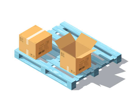 Isometric vector wooden pallet and boxes with shadows. Isolated on white background. Wood textureのイラスト素材