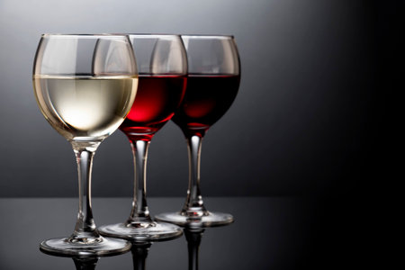 Elegant red, rose and white wine glasses in a black background