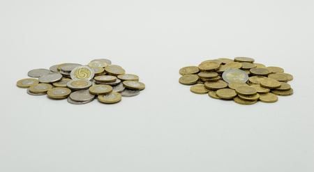 A pile of coins, the Polish currency PLN / Polish zloty and the European currency.