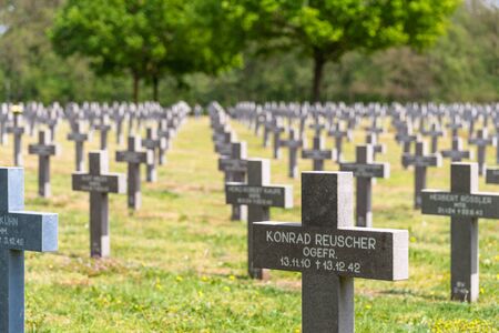 Ysselsteyn, Netherlands - May 23, 2019. A lot of small, concrete crosses.のeditorial素材
