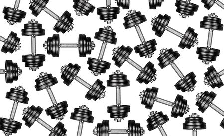 Pattern made from a gym dumbbells, isolated on white background with clipping path. Top view, flat lay. Can be used as a gym background.の写真素材