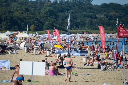 Sopot, Poland August 24, 2016. A crowded beach on the seaside. Very high intensity of tourists.のeditorial素材