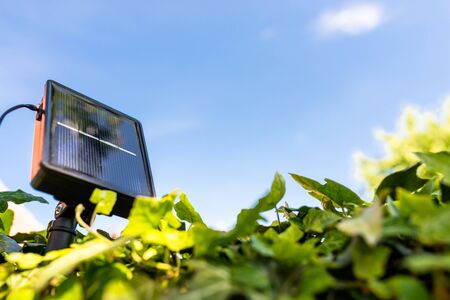 A small, home solar panel, placed between the plants supporting the garden lamps.の写真素材