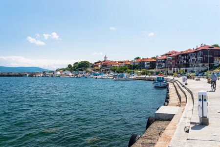 Nessebar, Bulgaria July 15, 2019. Historic buildings in the ancient city of Nessebar in Bulgaria. Nessebar is an ancient city-museum, located on a small peninsula on the Black Sea coast. View from afar.のeditorial素材