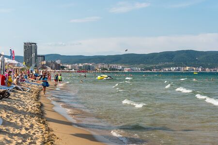 Sunny Beach, Bulgaria July 15, 2019. Beautiful view of the Black Sea with a beach where there is a crowd of tourists in Sunny Beach on a sunny summer day.のeditorial素材
