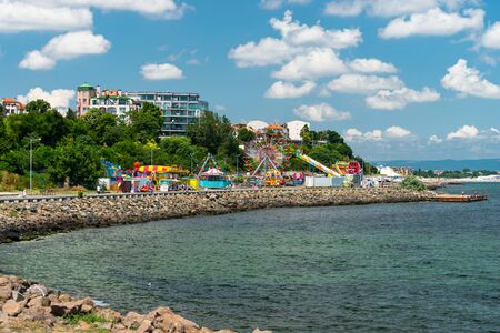 Sunny Beach, Bulgaria July 15, 2019. Hotels and houses on the shores of the Black Sea in Sunny Beach seen from afar, amusement park visible.のeditorial素材