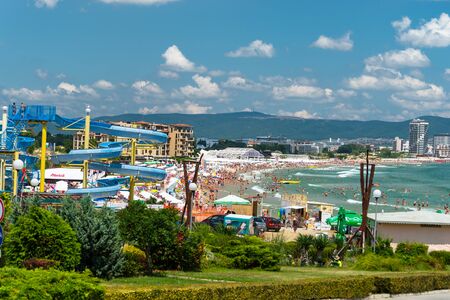 Sunny Beach, Bulgaria July 15, 2019. Beautiful view of the Black Sea with a beach where there is a...