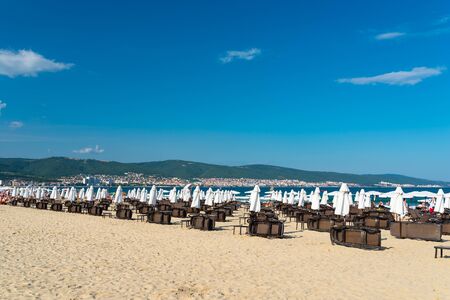 Sunny Beach, Bulgaria July 15, 2019. Crowd of tourists on the Black Sea beach, in Sunny Beach, Bulgaria, on a beautiful hot summer day.のeditorial素材