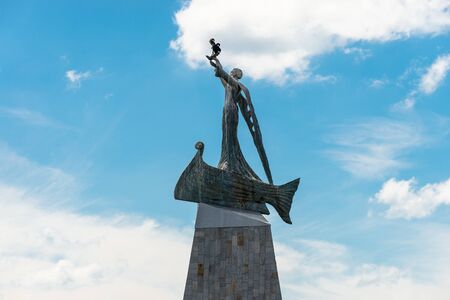 Nessebar, Bulgaria July 15, 2019. Statue of Saint Nicholas in Nessebar in Bulgaria. A popular landmark in Nessebar. Located at the causeway connecting the land and island part of Nessebar.のeditorial素材