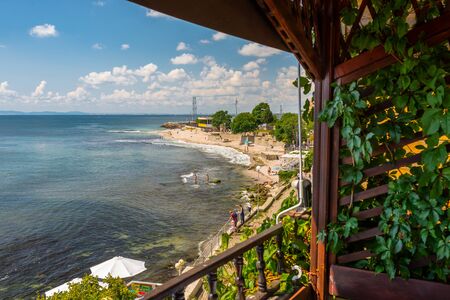 Nessebar, Bulgaria July 15, 2019. Tourists on the island beach in the historic city of Nessebar in Bulgaria, on a beautiful hot summer day.のeditorial素材