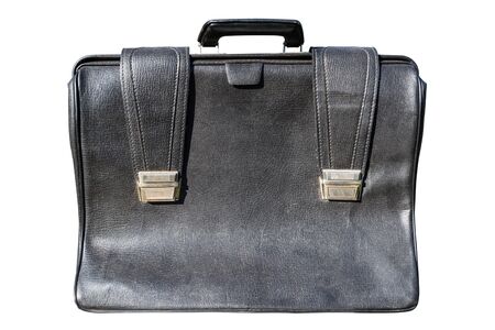 Old black leather briefcase, isolated on a white background with a clipping path.の写真素材