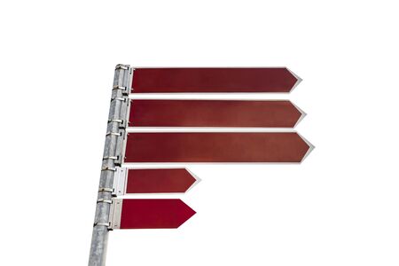Three long and two short brown blank signs hung on a metal pole showing direction to the right, isolated on a white background with a clipping path.の写真素材