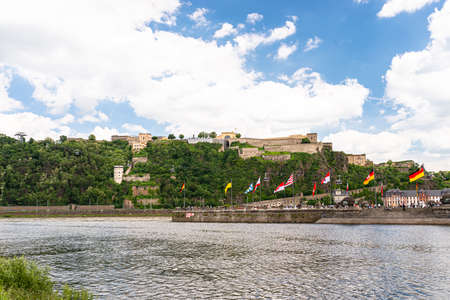 Koblenz, Germany May 2019. Panoramic view of The Ehrenbreitstein Fortress on the side of river Rhine in Koblenz.のeditorial素材