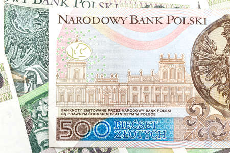 Macro photo of the rear side of a rare Polish PLN 500 banknote, close-up on the inscriptions.の写真素材