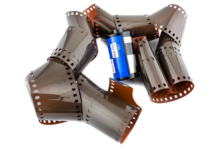 Unfolded new ISO 400 film coming from a blue roll, isolated on a white background.の写真素材