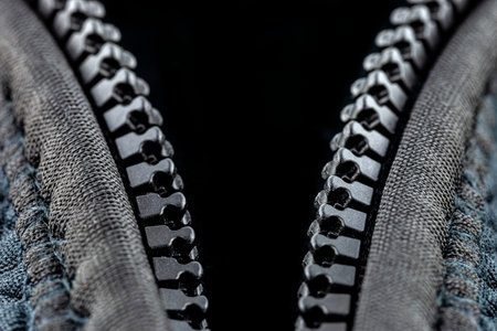 A macro shot of a open, plastic zipper in a modern blue garment.