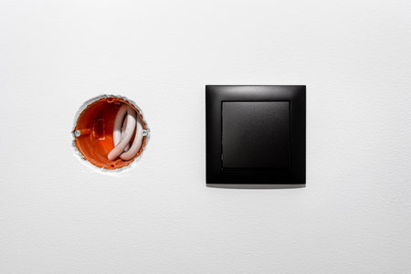 A black frame with a button to switch the light switch and an orange electrical box on the gray wall of the house.の写真素材