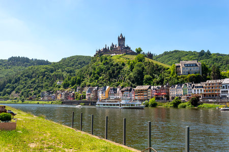 Cochem, Germany, June 13, 2021. Beautiful view of the hilltop castle (Reichsburg Cochem) and old town in the touristic town of Cochem on the Moselle River in Rhineland-Palatinate in Germany.のeditorial素材