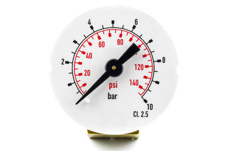 A macro photo of a pressure gauge scale to 10 BAR showing a pressure of 0 PSI BAR, isolated on a...