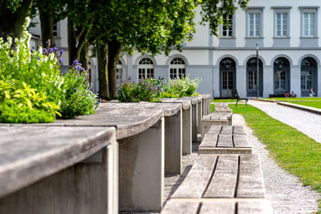 Benches and tables with flowers arranged in a row in the park, in the background a large building...
