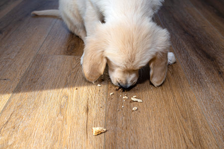 Male golden retriever puppy eats a dogs treat from modern vinyl planks in the living room of the home.の写真素材