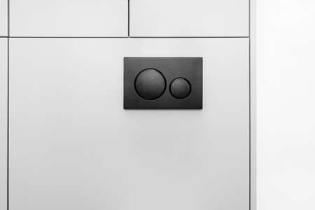 Black matt toilet flush with two round buttons placed in the wall of a restroom lined with a wooden...