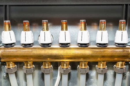 New brass manifold for underfloor heating systems with rotameters indicate flow of 0 liters per...