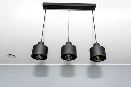 Modern chandeliers with tube shaped LED bulbs, covered with matt black paint, three bulbs visible.の写真素材