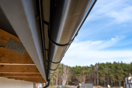 A metal, black gutter on a roof covered with ceramic tiles in the background a forest, bottom view.