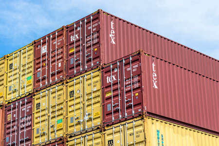 Andernach, Germany - May 15, 2022. A stack of containers standing on top of each other in the...