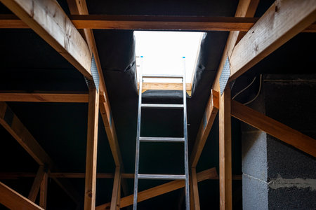 An open roof hatch in the attic for a chimney sweep, a standing ladder in the window.の写真素材