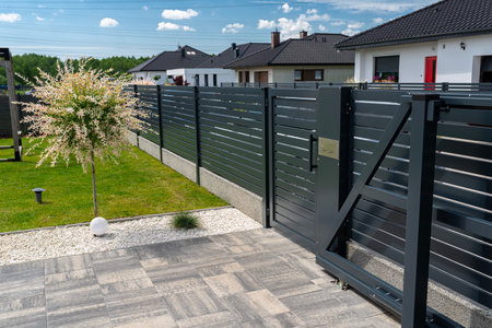 A modern panel fence in anthracite color, a visible sliding gate to the garage and a wicket with a letterbox.の写真素材