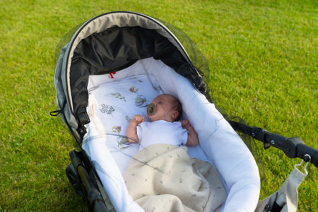 A Caucasian newborn baby sleeps in a baby stroller standing on the lawn in the garden.