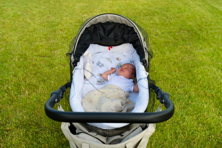 A Caucasian newborn baby sleeps in a baby stroller standing on the lawn in the garden.