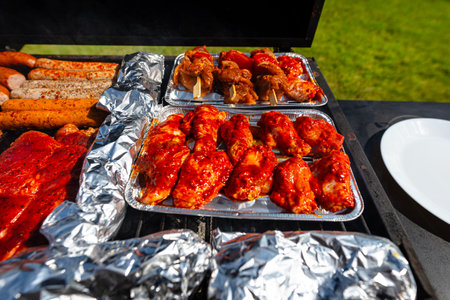 A modern rectangular grill standing in the garden on a beautiful green lawn.の写真素材