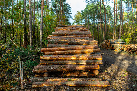 Cut logs lying in a pile at a dirt road in the woods on an autumn day.