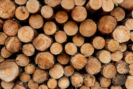 Cut logs lying in a pile at a dirt road in the woods on an autumn day.
