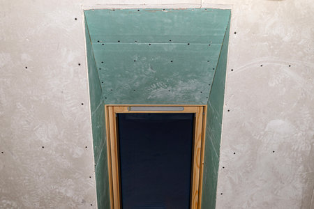 Roof window covered with blue plaster, visible vapor-permeable foil.