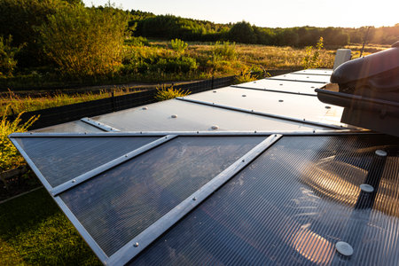 The terrace covering is visible from above, the roof is covered with polycarbonate.の写真素材