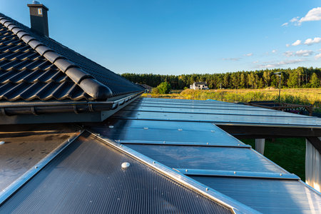 The terrace covering is visible from above, the roof is covered with polycarbonate.の写真素材