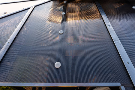 The terrace covering is visible from above, the roof is covered with polycarbonate.の写真素材