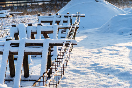Laying the reinforcement for the foundations, the reinforcement is hung on wooden trestles.の写真素材