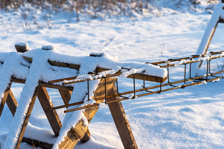 Laying the reinforcement for the foundations, the reinforcement is hung on wooden trestles.の写真素材