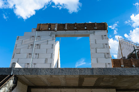 Balcony made of a ribbed-and-block ceiling, visible wooden formwork made of boards.の写真素材