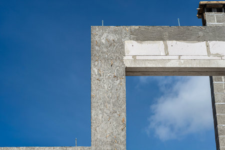Finished walls and gables with poured ceiling beams, walls made of aerated concrete.の写真素材