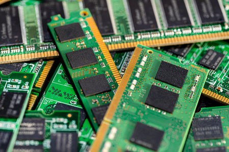 A stack of old SDRAM memory modules lying on a printed circuit board.