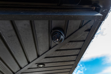 Dome security camera installing under a building roof providing property surveillance