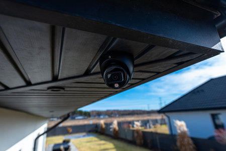 Security dome camera vigilantly watching over a residential backyard, ensuring privacy and safety