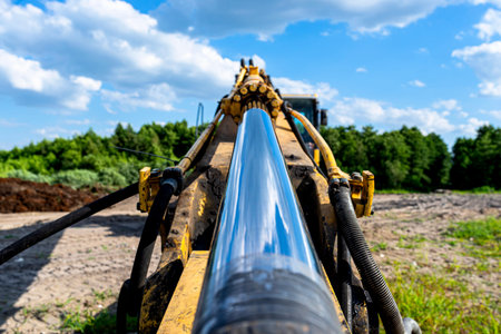 Deep excavator arm cylinder moving on a construction site with trees and sky